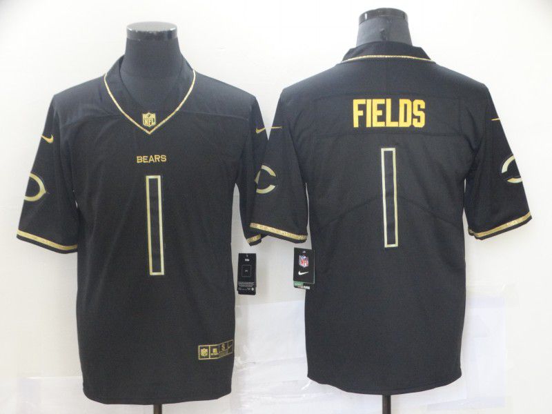 Men Chicago Bears #1 Fields Black Retro Gold Lettering 2021 Nike NFL Jersey